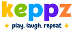 Colorful logo of keppz with tagline 'play. laugh. repeat' on a white background