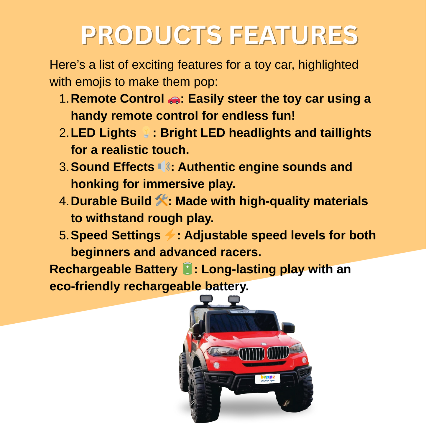 Keppz Battery Operated Ride-On SUV Jeep for Kids with Music, Lights, Remote Control. - Keppz