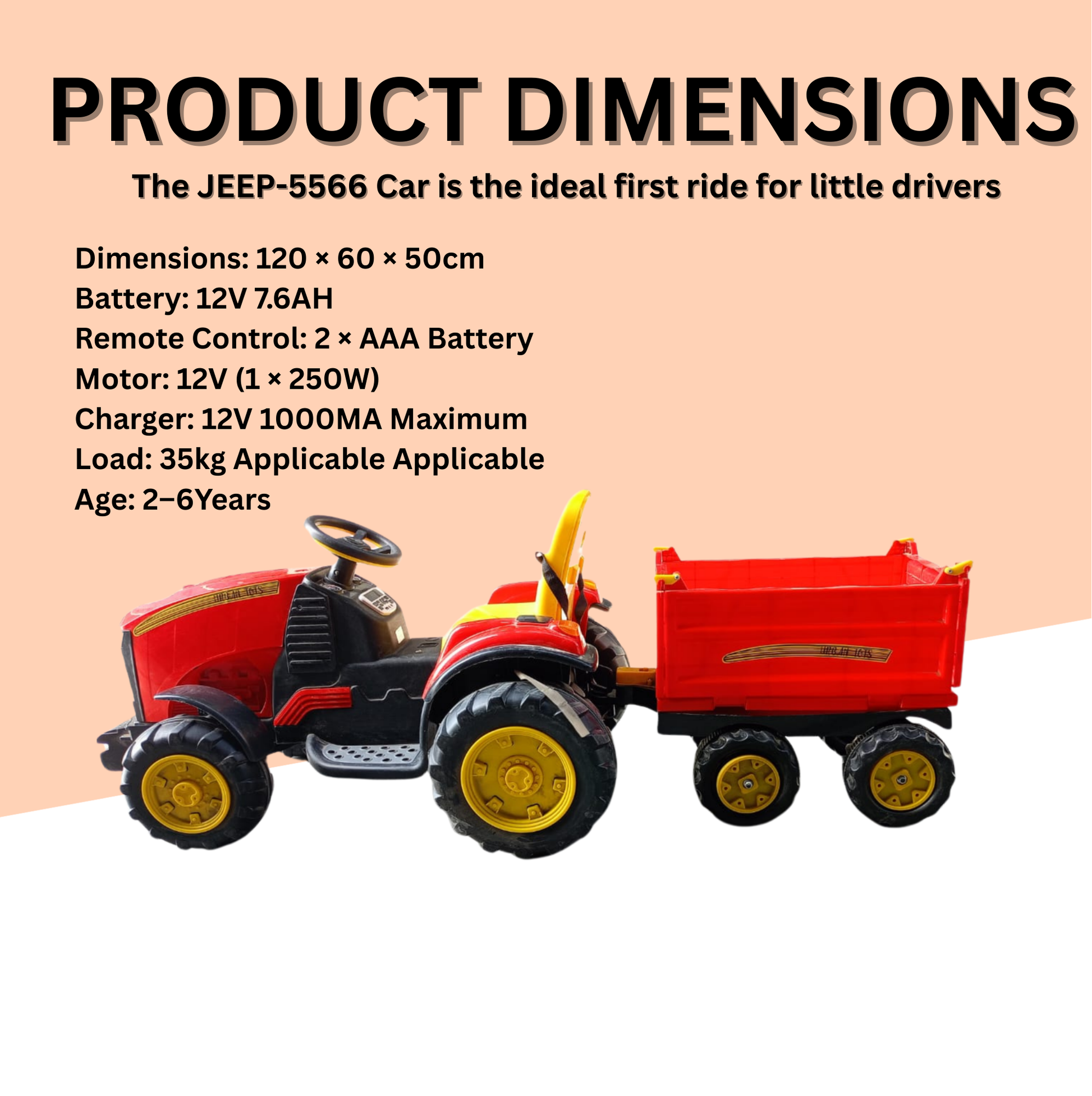 Keppz Kids Ride-On Tractor with Detachable Trailer, Steering Wheel, and Pedal Control. - Keppz