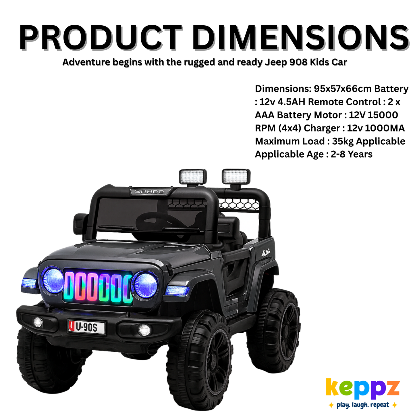 Keepz, Kids Electric Ride-On Jeep 4x4 with Music, Lights & Remote Control. Rechargeable Battery Powered Toy Car - Keppz
