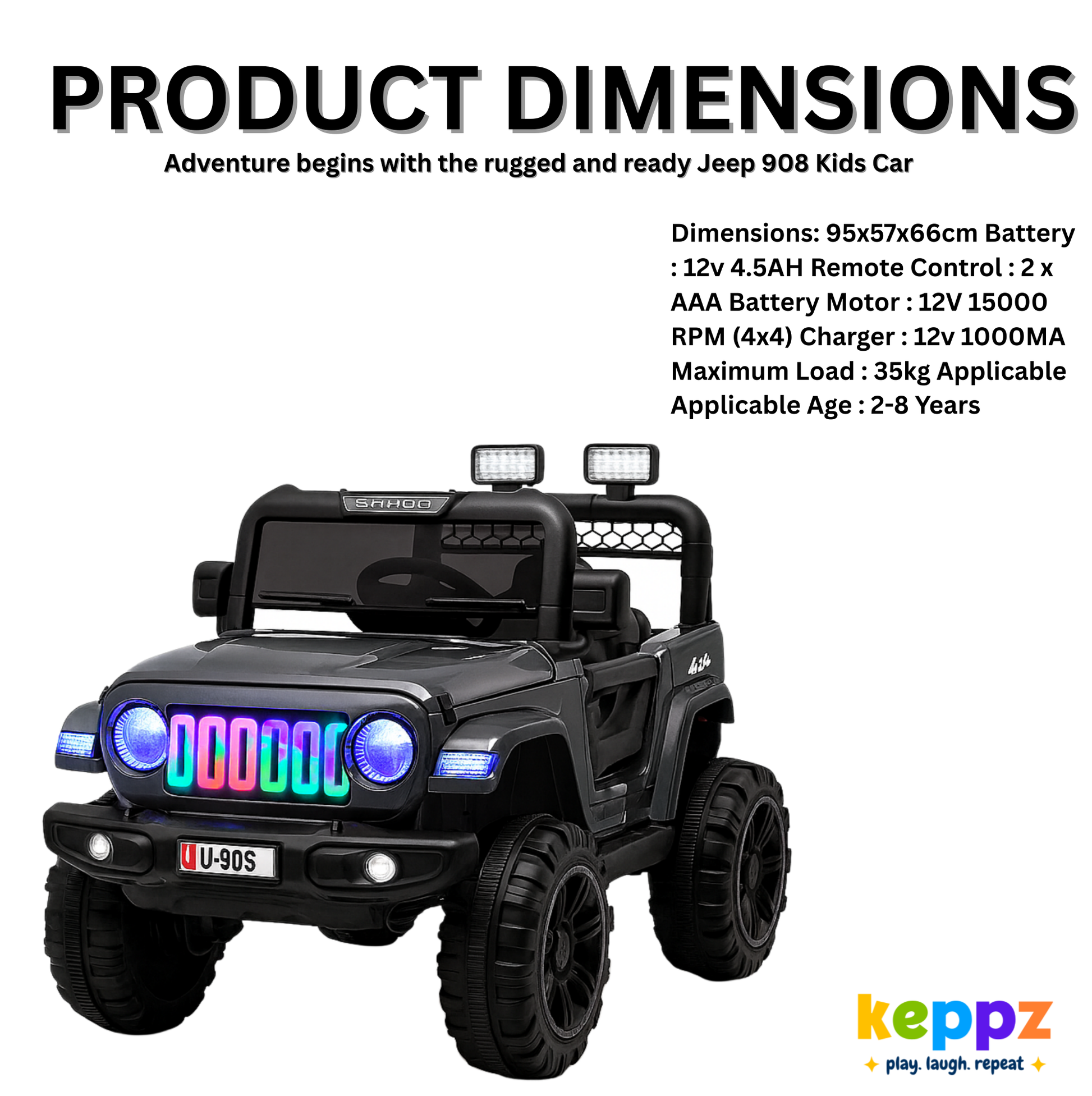 Keepz, Kids Electric Ride-On Jeep 4x4 with Music, Lights & Remote Control. Rechargeable Battery Powered Toy Car - Keppz