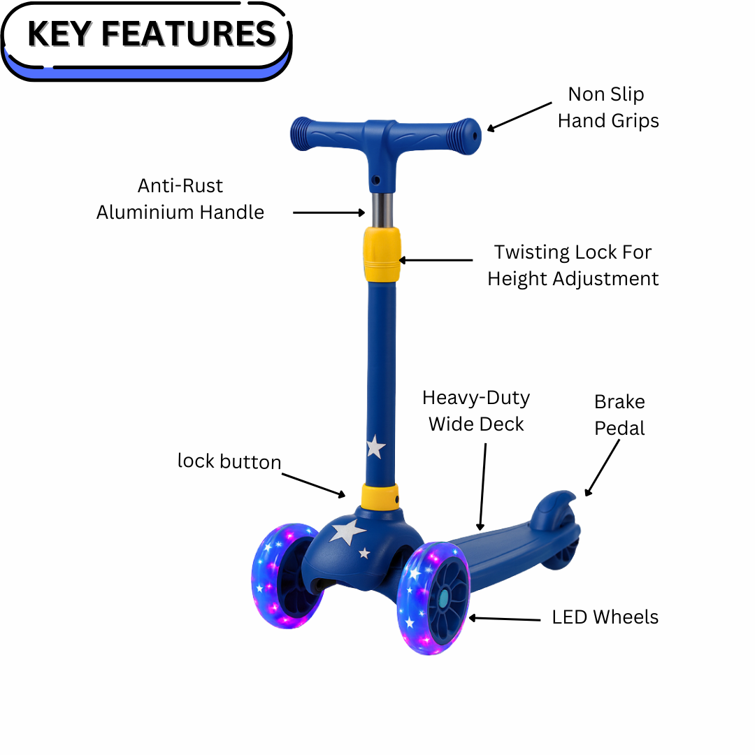 Keppz Kids 3-Wheel LED Scooter with Adjustable Height, Anti-Rust Aluminium Handle, and Brake Pedal. - Keppz