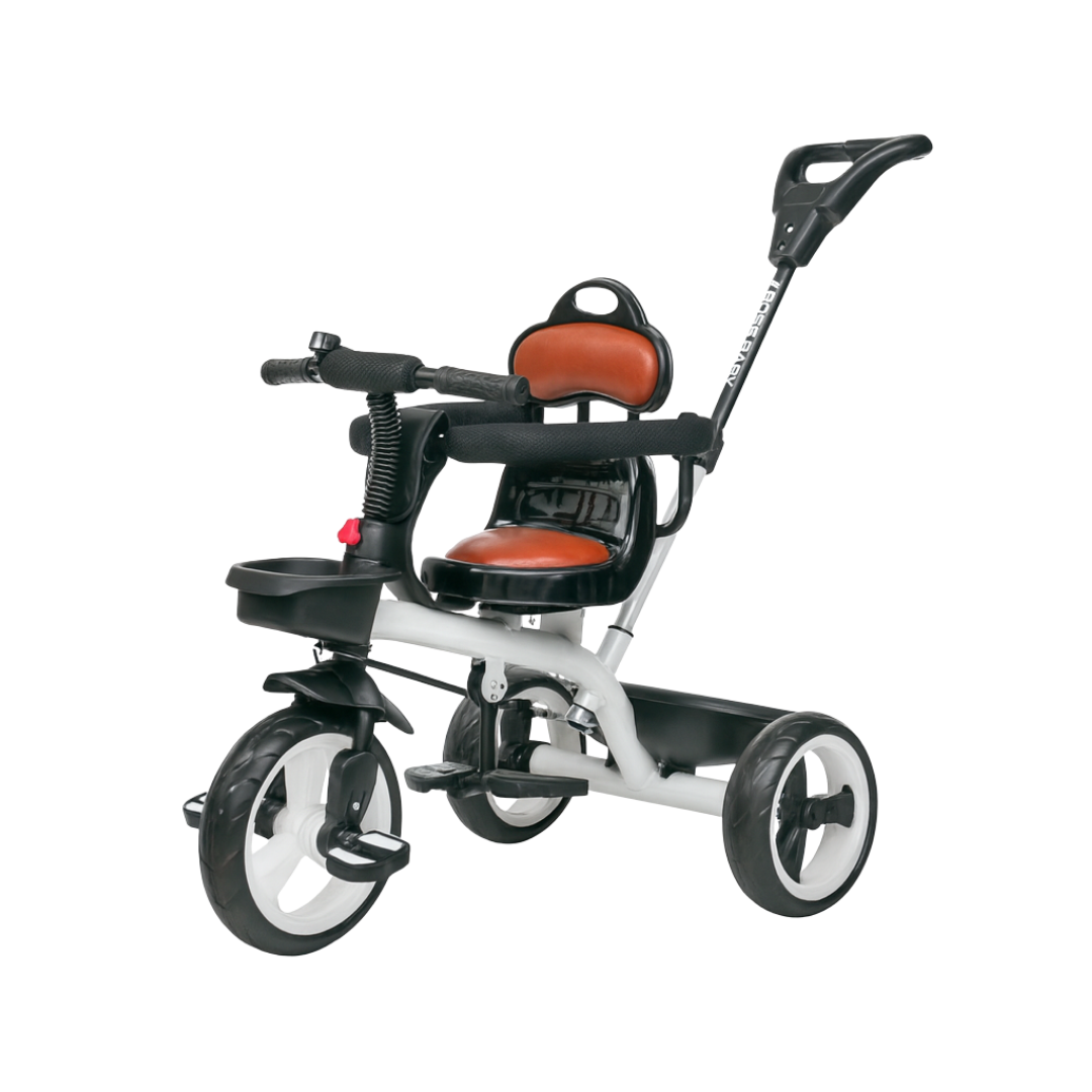 Keppz Baby Tricycle with Push Handle, Leather Seat, Safety Backrest, and Storage Basket  Beige - Keppz