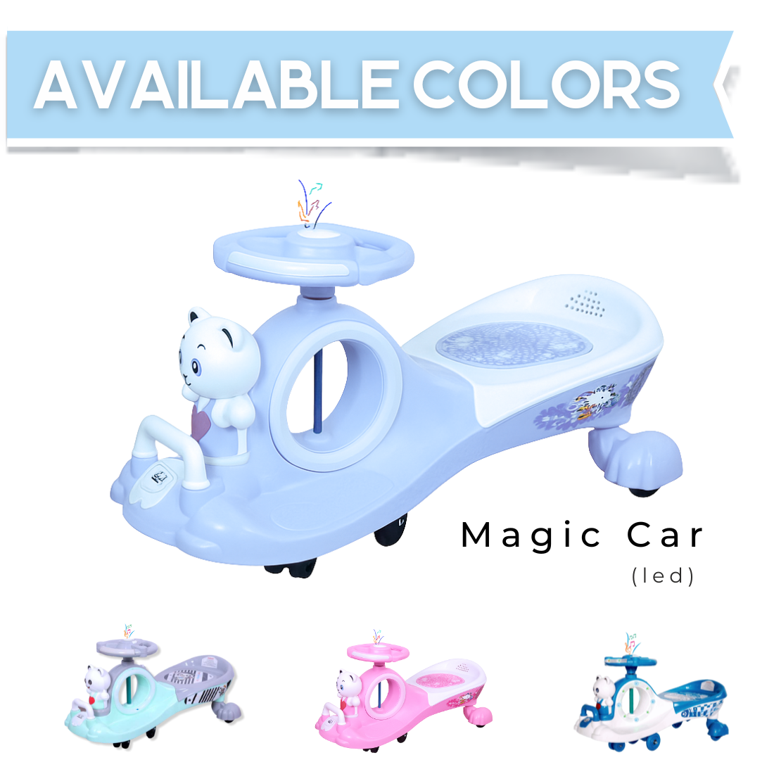 Keppz Musical Twist & Swing Car Ride-On for Kids Push and Pedal-Free Ride with Steering Wheel.