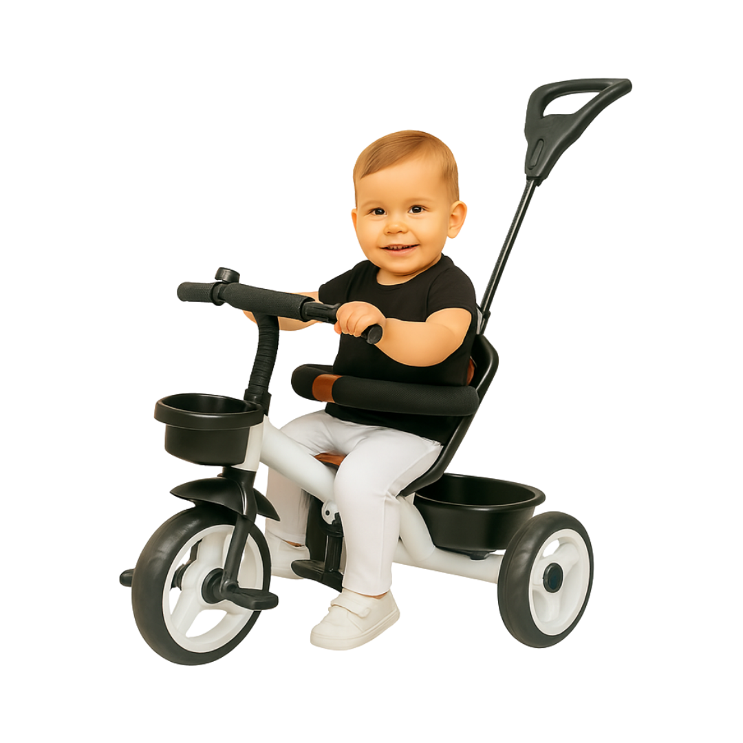 Keppz Baby Tricycle with Push Handle, Leather Seat, Safety Backrest, and Storage Basket  Beige - Keppz