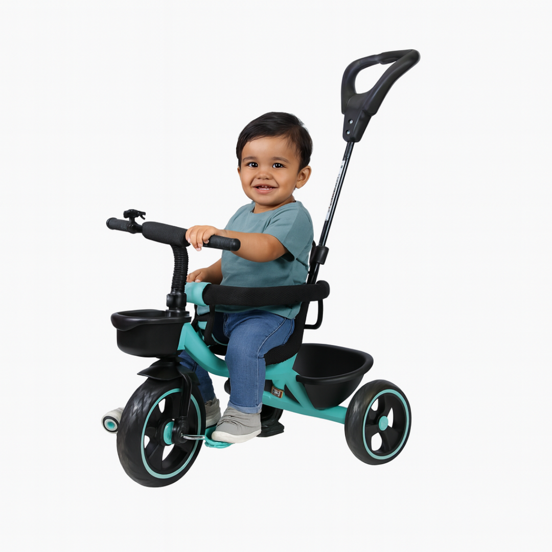 Keppz Cushioned Kids Tricycle with Backrest & Push Handle Baby Trike for 1.5 Years with Storage Basket & Safety Belt - Keppz