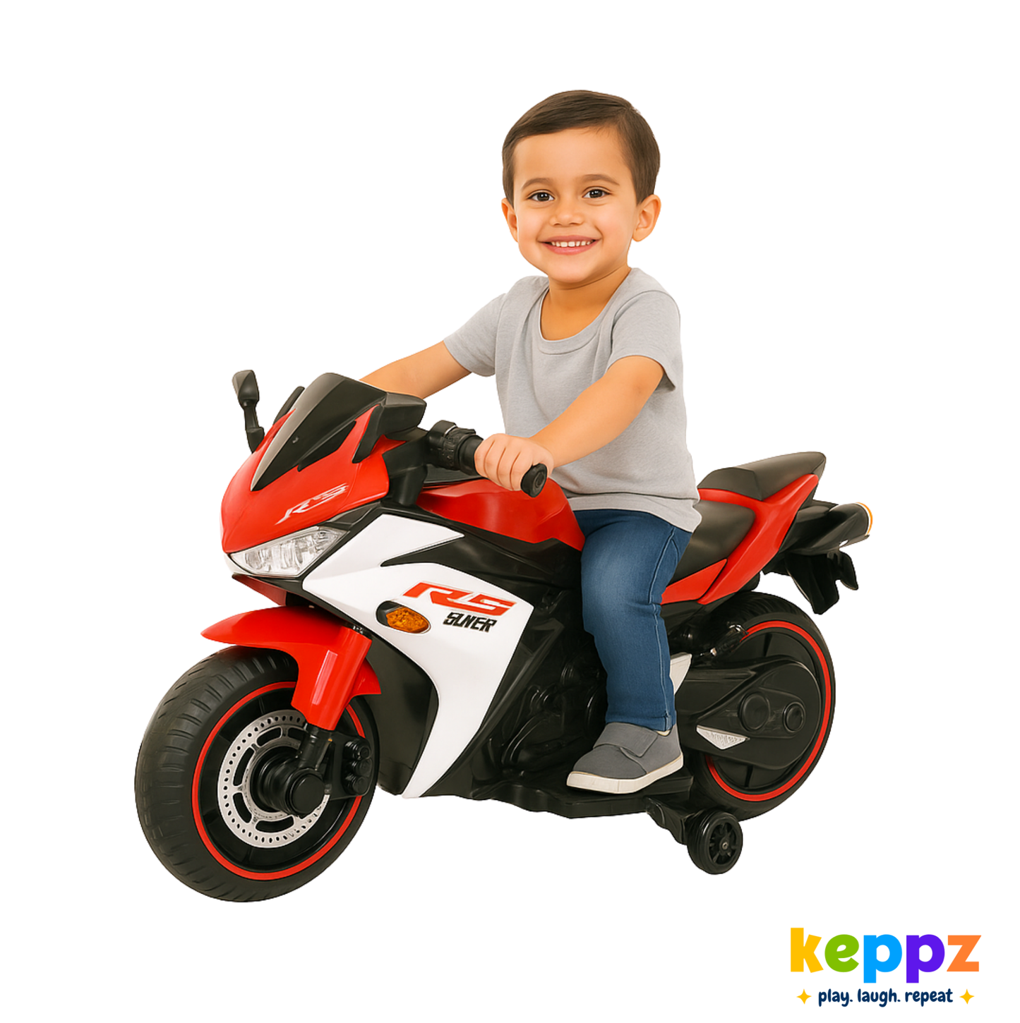 Keppz, Sports Ride-On Bike with Music, LED Lights, and Support Wheels  R3 Design.