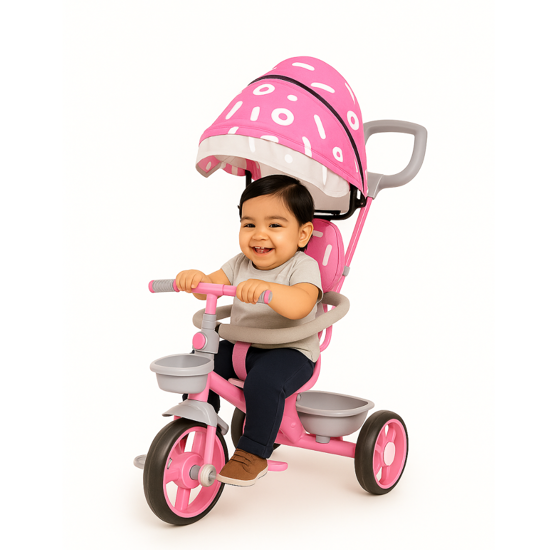 Keppz Stylish Kids Tricycle with Printed Canopy & Safety Belt  Baby Trike with Push Handle & Storage Basket for 1.5 Years. - Keppz