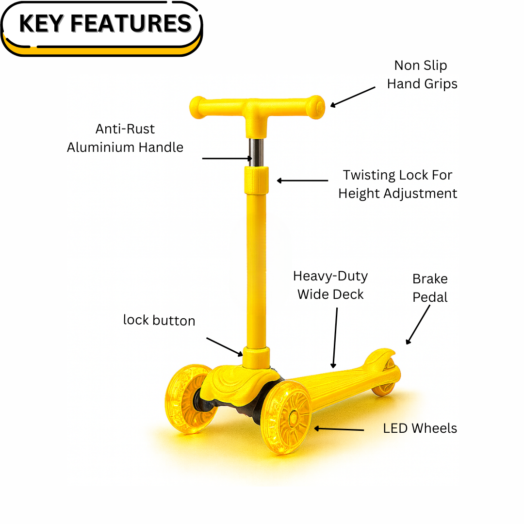 Keppz Kids 3-Wheel LED Scooter with Adjustable Height, Anti-Rust Aluminium Handle, and Brake Pedal. - Keppz
