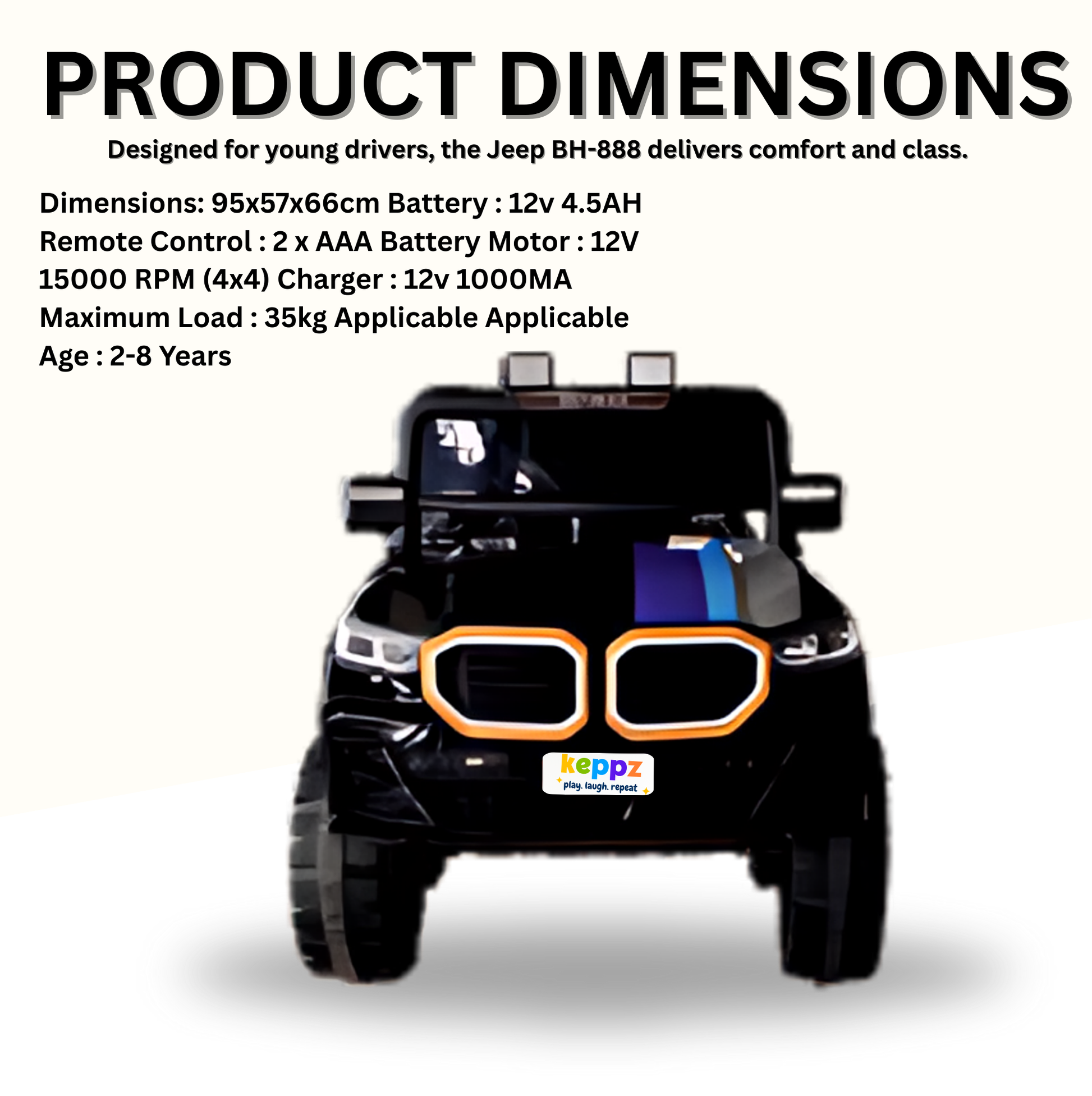Keppz GX4 4x4 Kids Ride-On Jeep with Parental Remote, LED Lights, and Rechargeable Battery. - Keppz