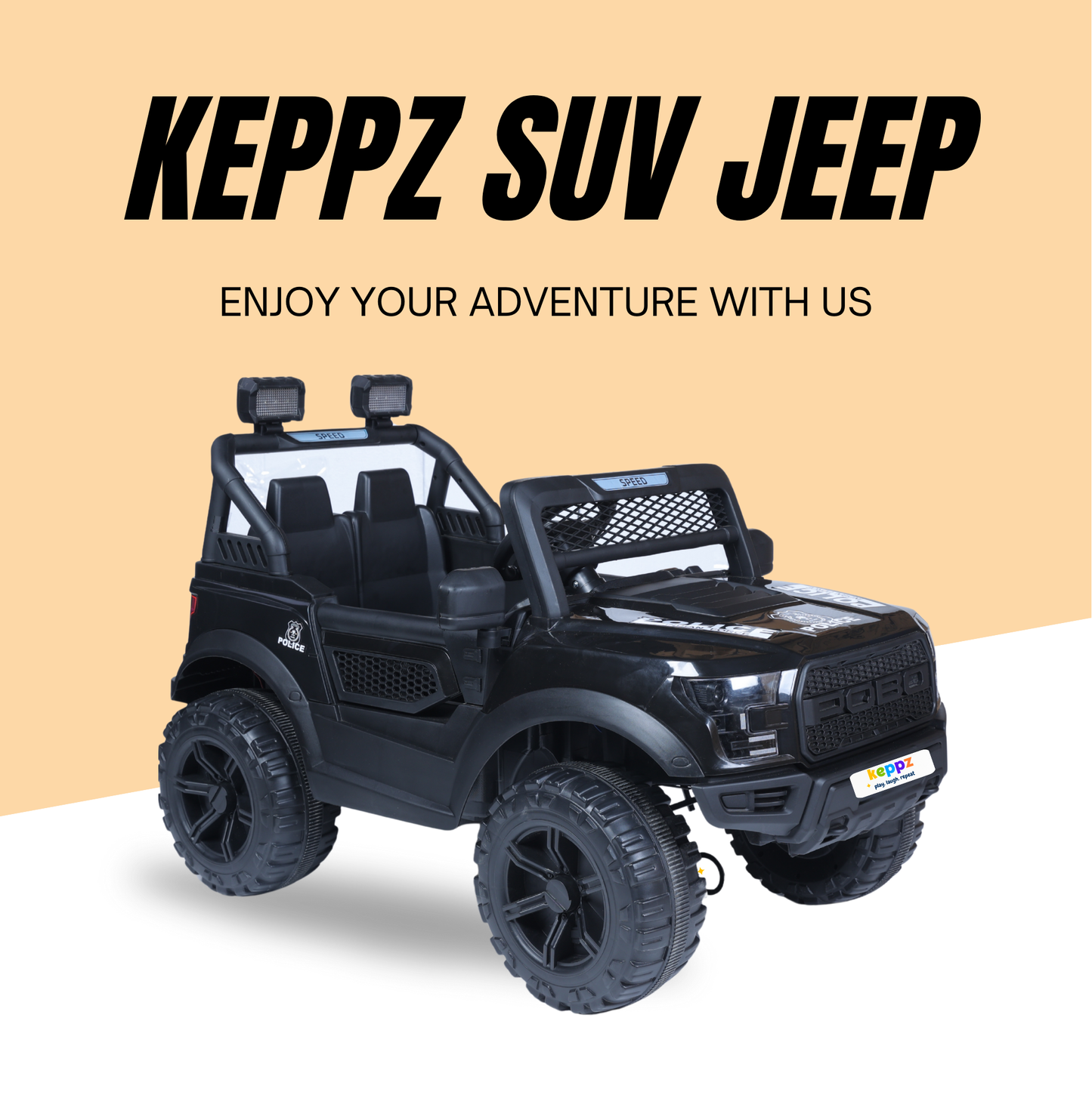 Keppz Black Jeep-Style Ride-On Car for Kids with Music, Lights, and Parental Remote Control - Keppz