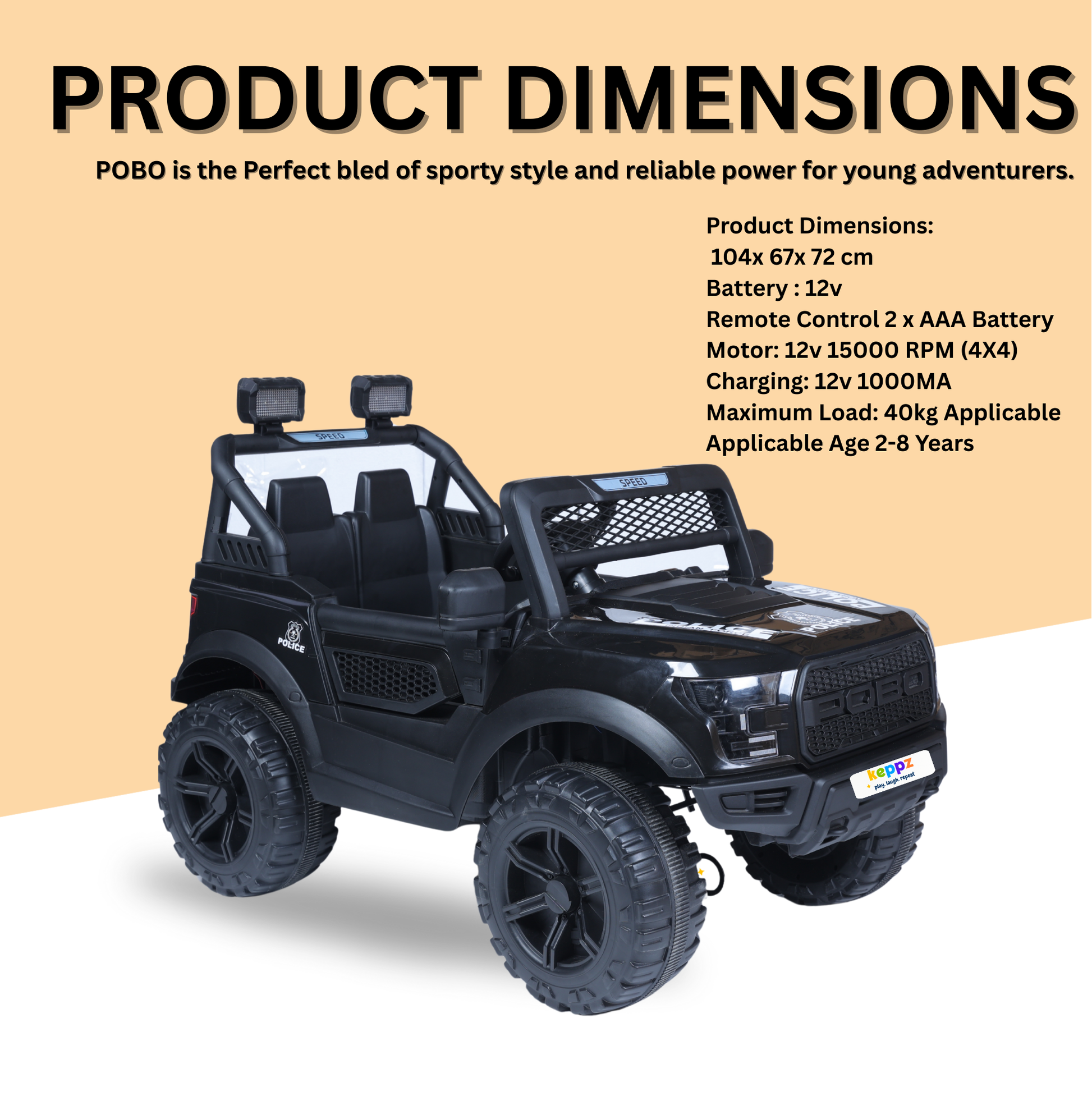 Keppz Black Jeep-Style Ride-On Car for Kids with Music, Lights, and Parental Remote Control - Keppz