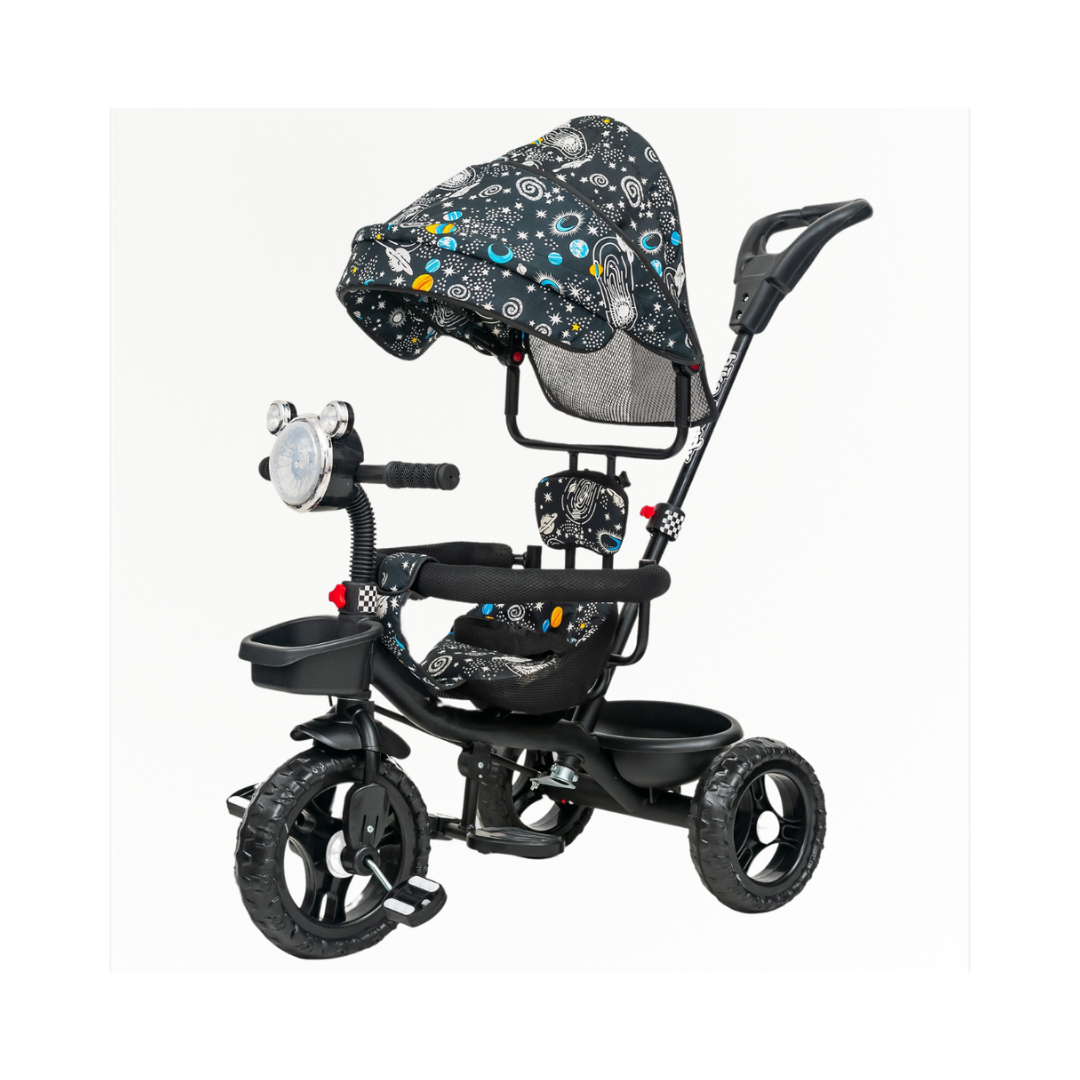 Keppz 4-in-1 Baby Tricycle with Headlight, Canopy, Safety Harness, and Push Handle.