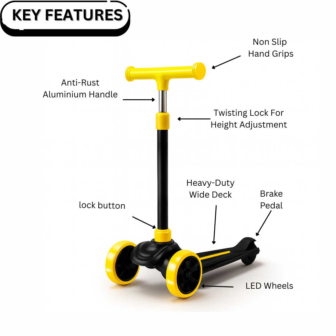 Keppz Kids 3-Wheel LED Scooter with Adjustable Height, Anti-Rust Aluminium Handle, and Brake Pedal. - Keppz