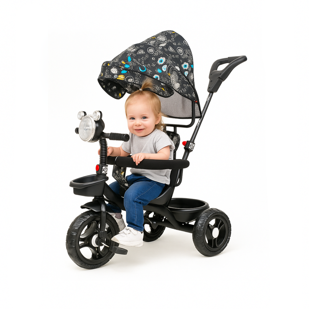 Keppz 4-in-1 Baby Tricycle with Headlight, Canopy, Safety Harness, and Push Handle.