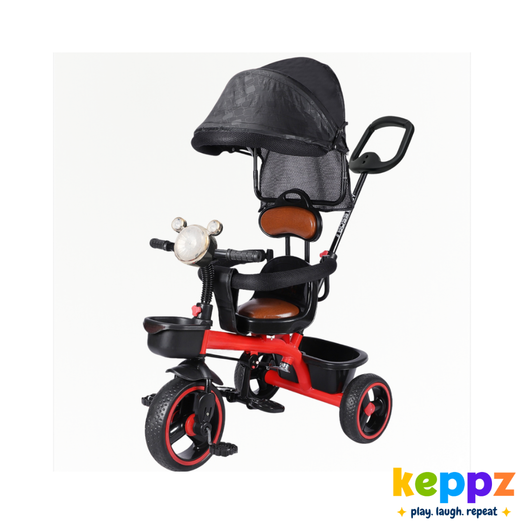 Keppz Premium Kids Tricycle with Canopy & Parent Handle  Foldable Baby Trike for 1.5 Years with Leather Seat & Storage Basket. - Keppz