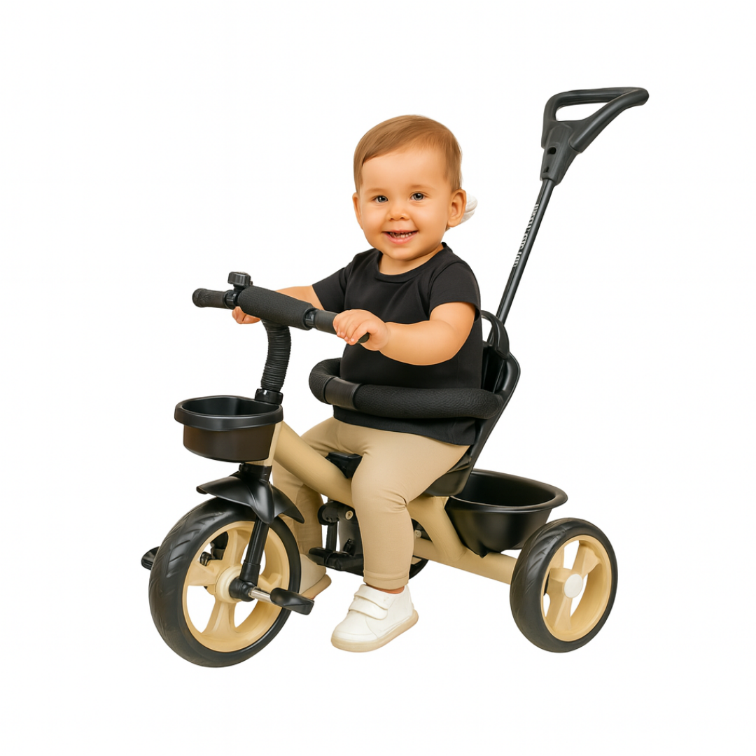 Keppz Baby Tricycle with Push Handle, Leather Seat, Safety Backrest, and Storage Basket  Beige - Keppz