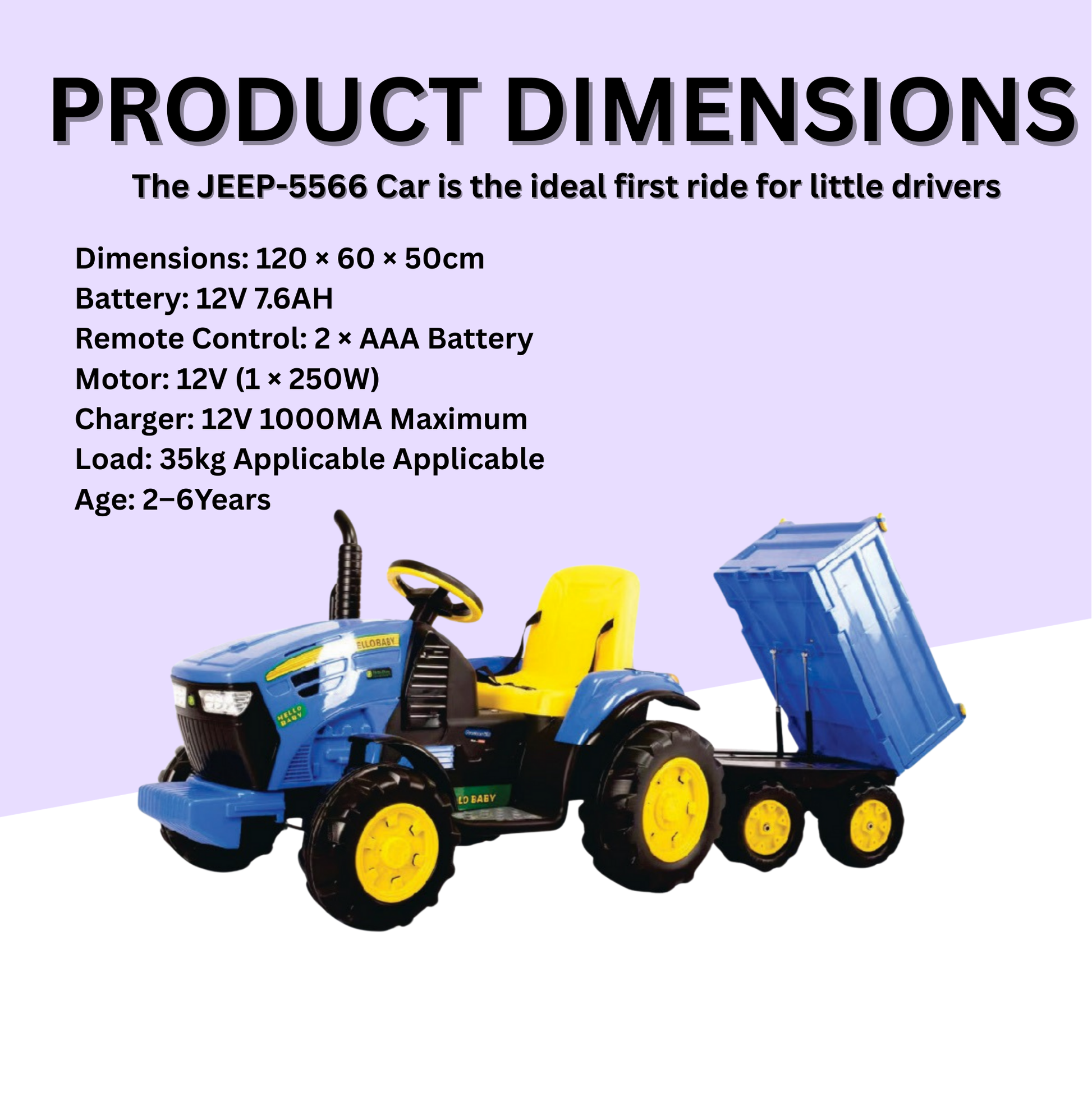 Keppz Kids Ride-On Tractor with Detachable Trailer, Steering Wheel, and Pedal Control. - Keppz