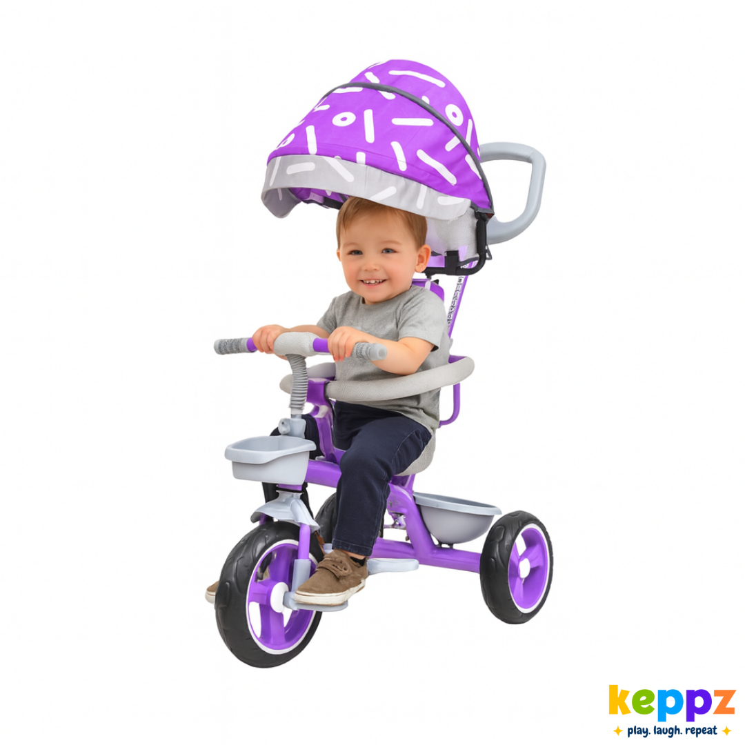 Keppz Stylish Kids Tricycle with Printed Canopy & Safety Belt  Baby Trike with Push Handle & Storage Basket for 1.5 Years. - Keppz