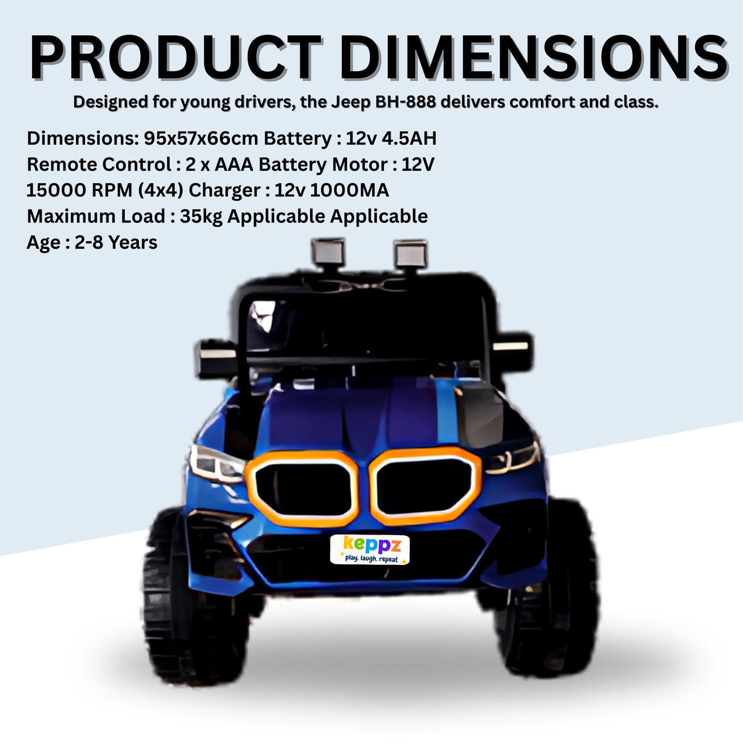 Keppz GX4 4x4 Kids Ride-On Jeep with Parental Remote, LED Lights, and Rechargeable Battery. - Keppz