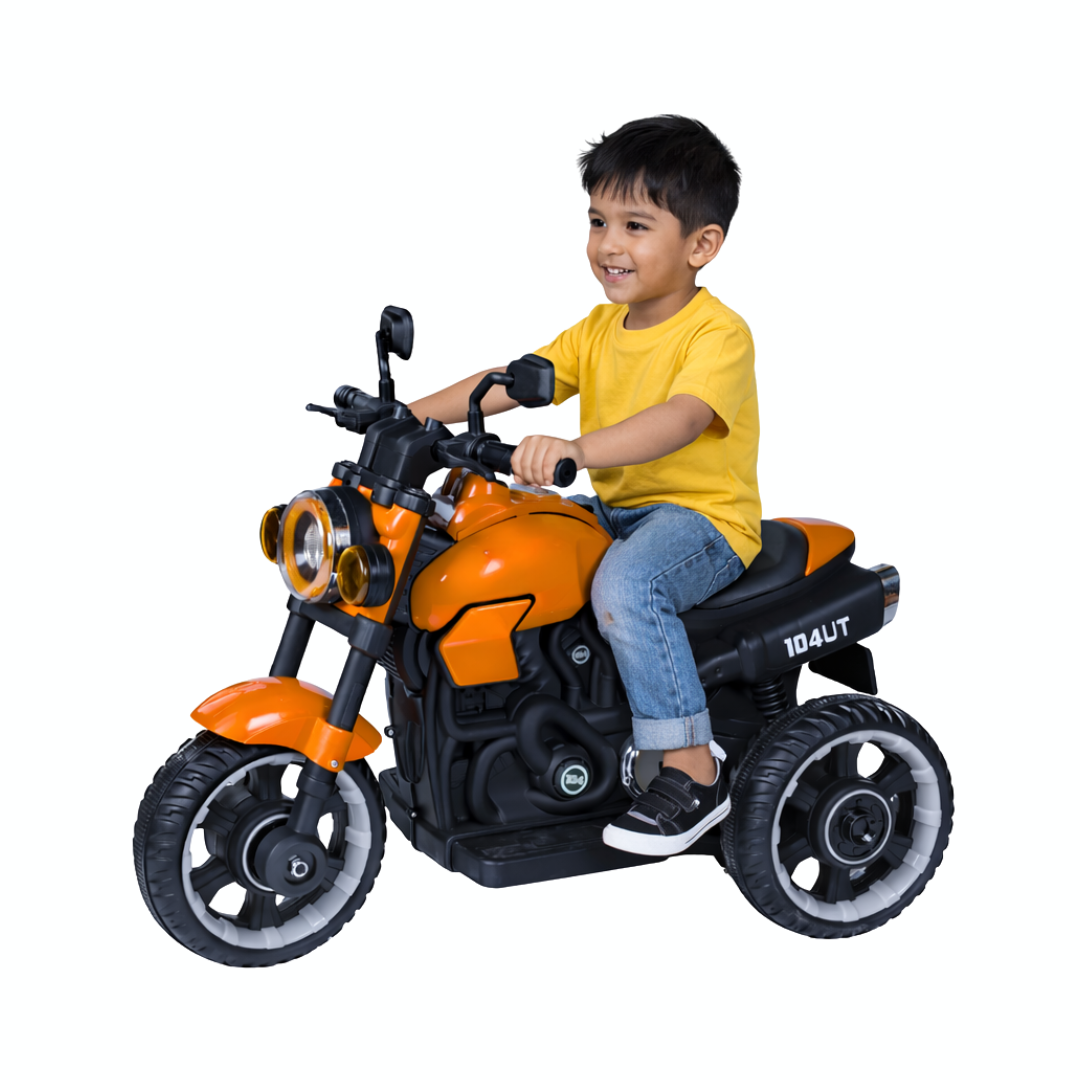 Keppz Modern EV Sport Bike for Kids with Bluetooth Music, Headlights, and Hand Accelerator.