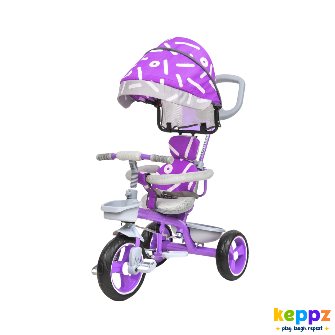 Keppz Stylish Kids Tricycle with Printed Canopy & Safety Belt  Baby Trike with Push Handle & Storage Basket for 1.5 Years. - Keppz
