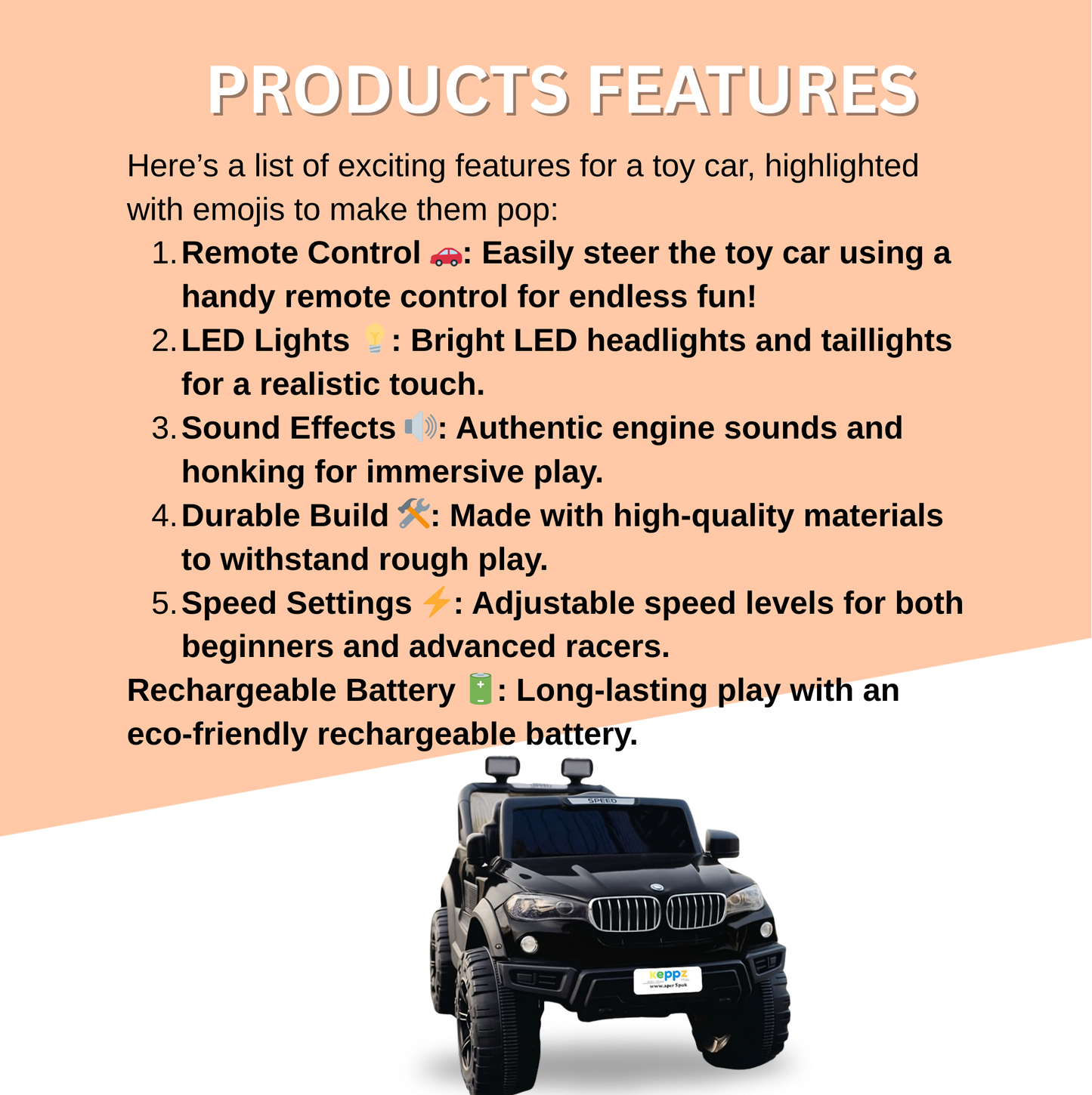 Keppz Battery Operated Ride-On SUV Jeep for Kids with Music, Lights, Remote Control. - Keppz