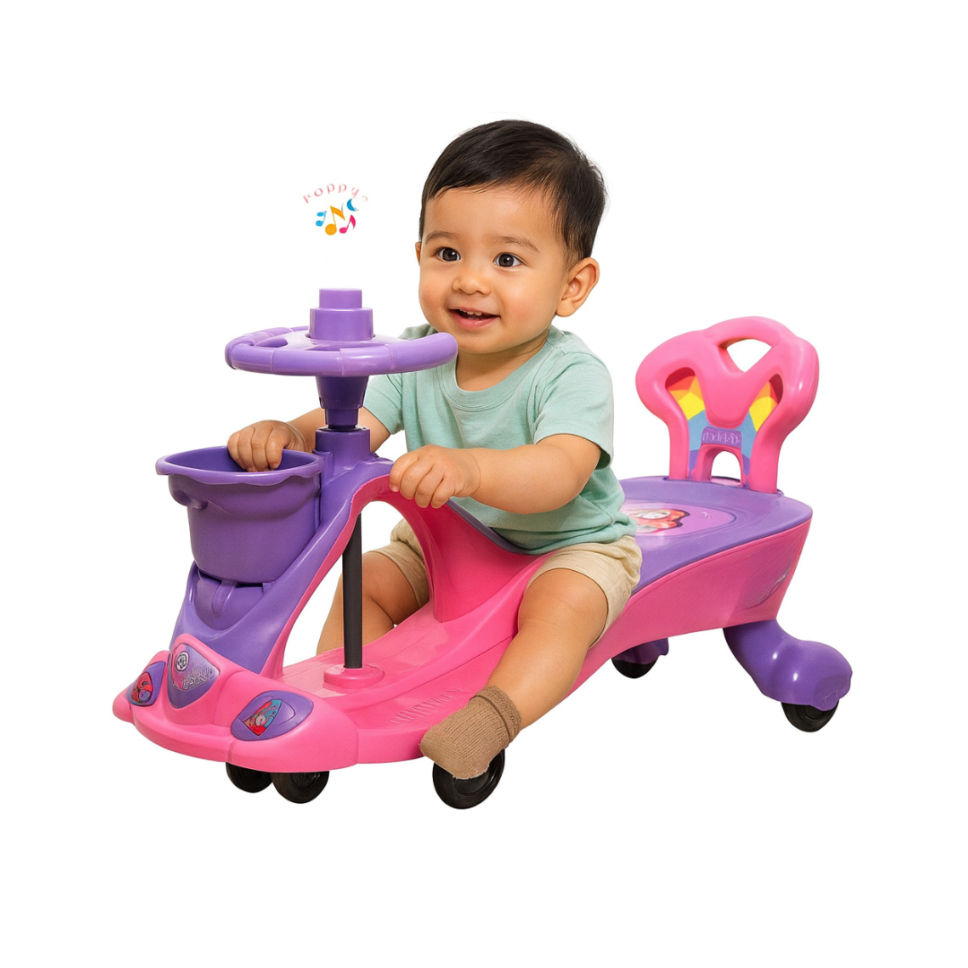 Keppz Musical Twist & Swing Car Ride-On for Kids Push and Pedal-Free Ride with Steering Wheel & Basket.