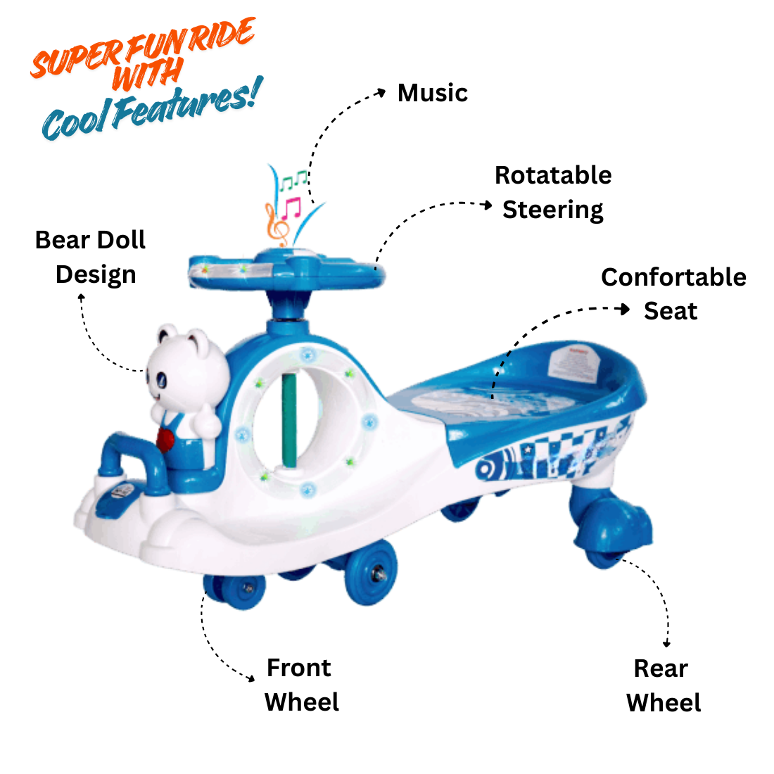Keppz Musical Twist & Swing Car Ride-On for Kids Push and Pedal-Free Ride with Steering Wheel.
