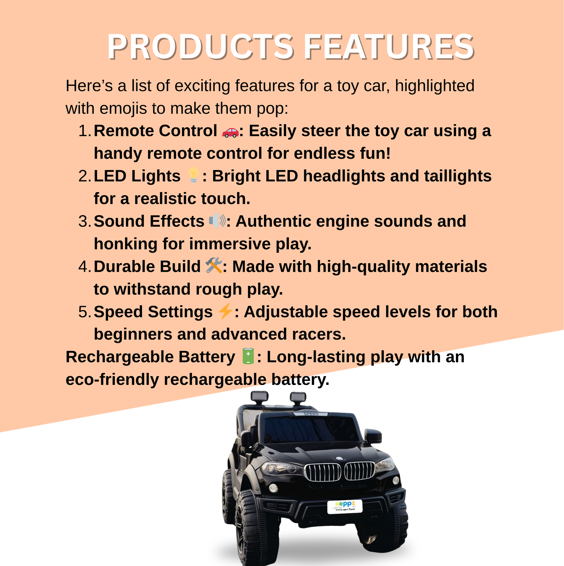 Keppz Battery Operated Ride-On SUV Jeep for Kids with Music, Lights, Remote Control. - Keppz