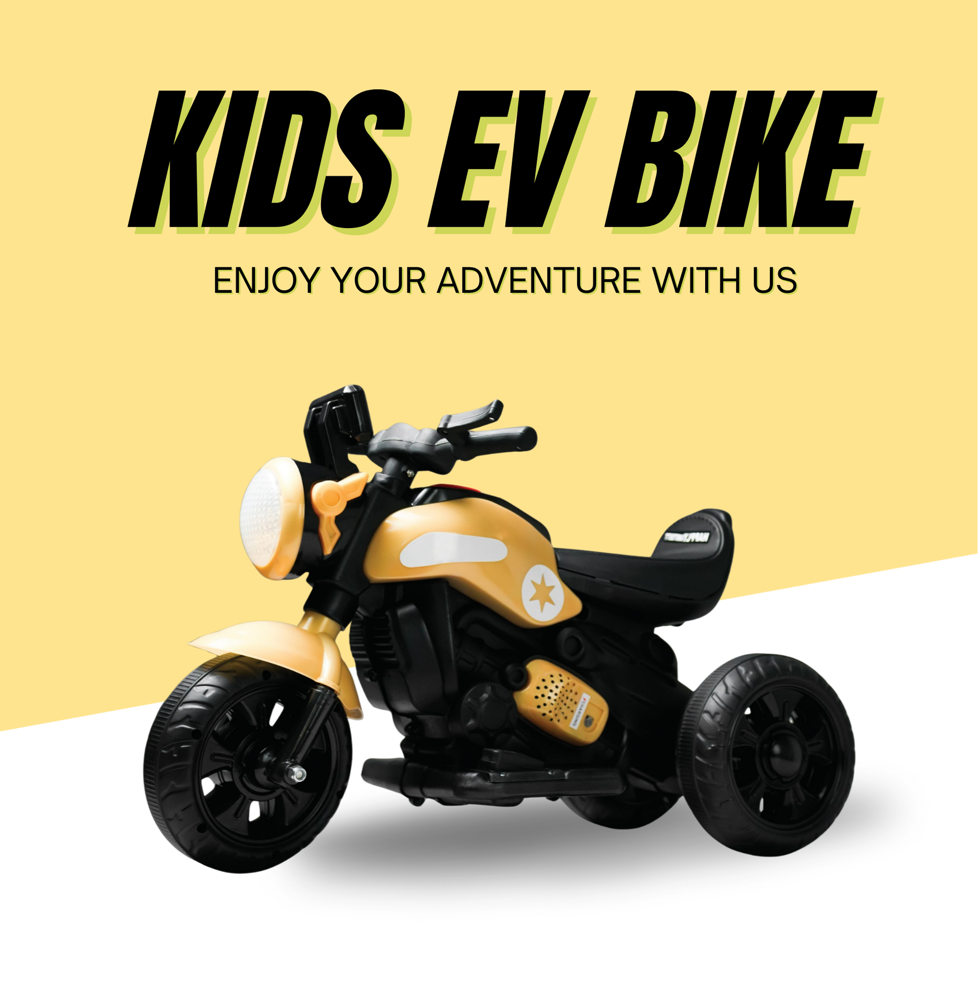 Keppz Yellow Battery Operated Ride-On Bike for Kids  With Headlight, Music & 3-Wheel Support. - Keppz