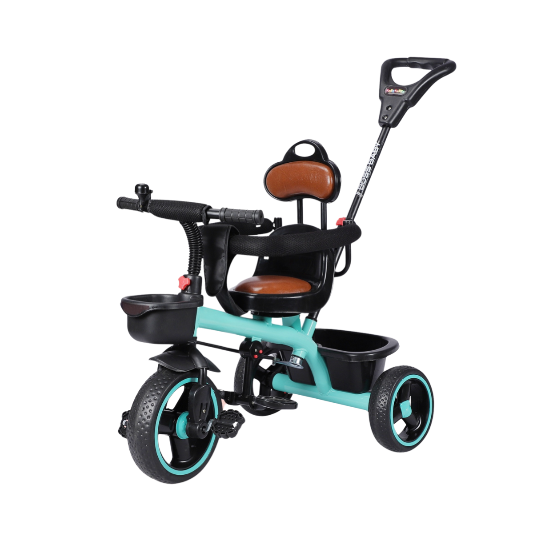 Keppz Baby Tricycle with Push Handle, Leather Seat, Safety Backrest, and Storage Basket  Beige - Keppz