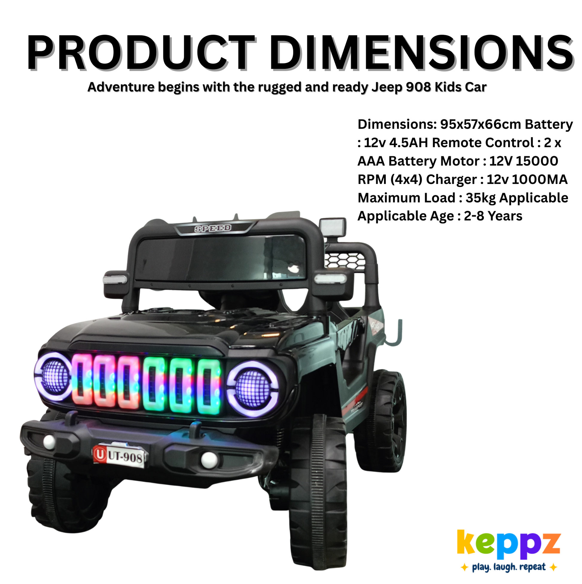 Keepz, Kids Electric Ride-On Jeep 4x4 with Music, Lights & Remote Control. Rechargeable Battery Powered Toy Car - Keppz