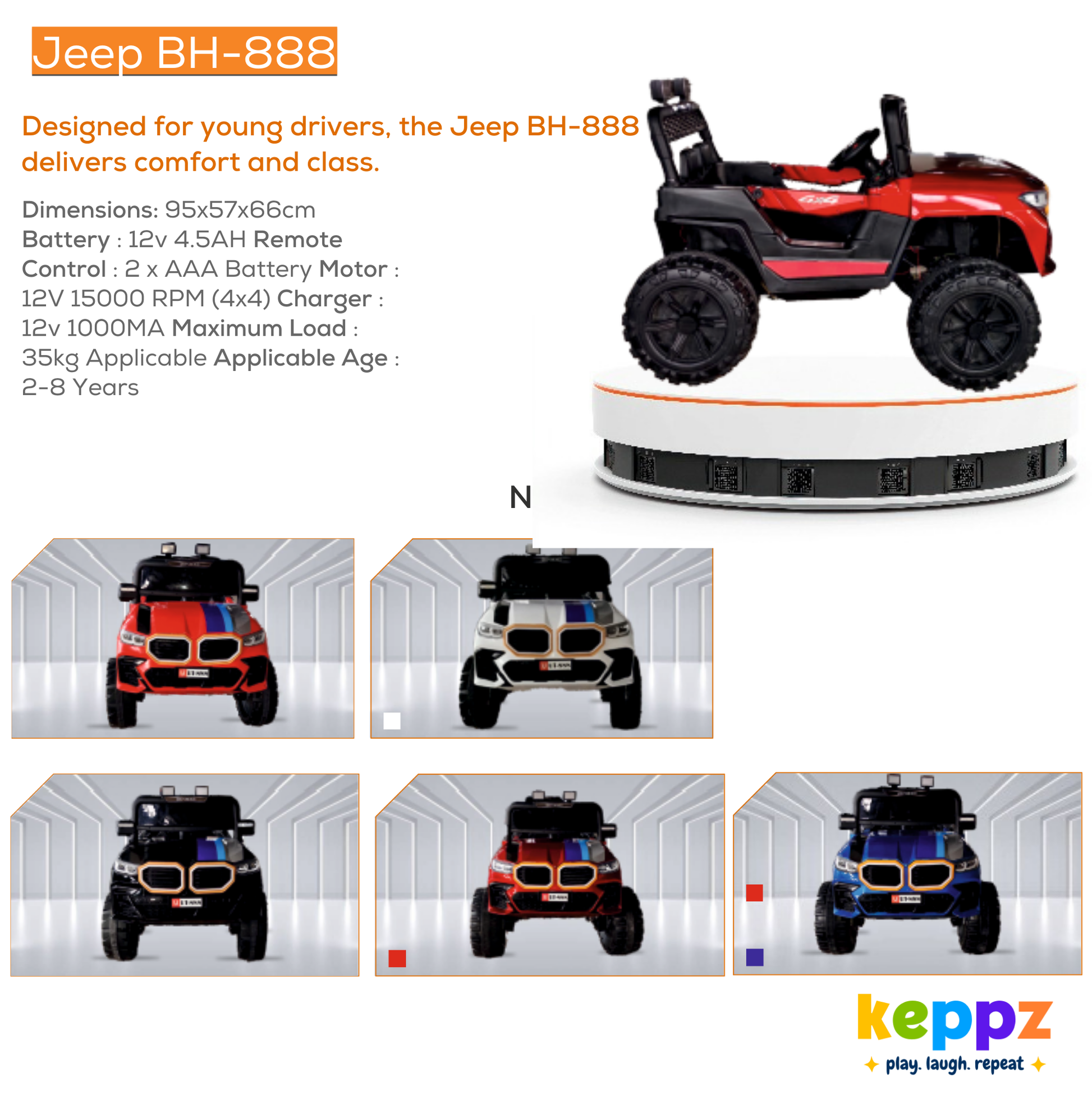 Keppz GX4 4x4 Kids Ride-On Jeep with Parental Remote, LED Lights, and Rechargeable Battery. - Keppz