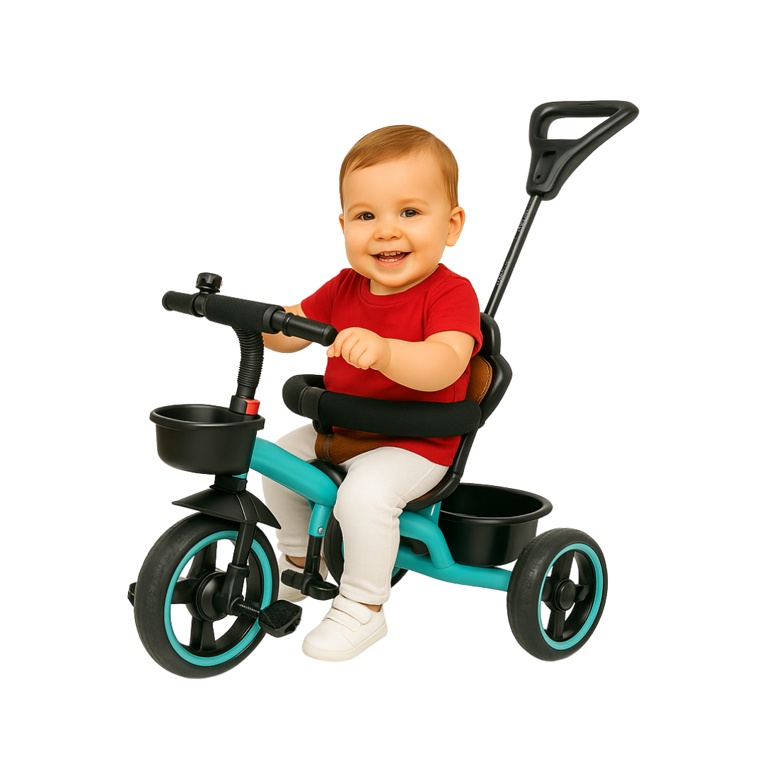 Keppz Baby Tricycle with Push Handle, Leather Seat, Safety Backrest, and Storage Basket  Beige - Keppz