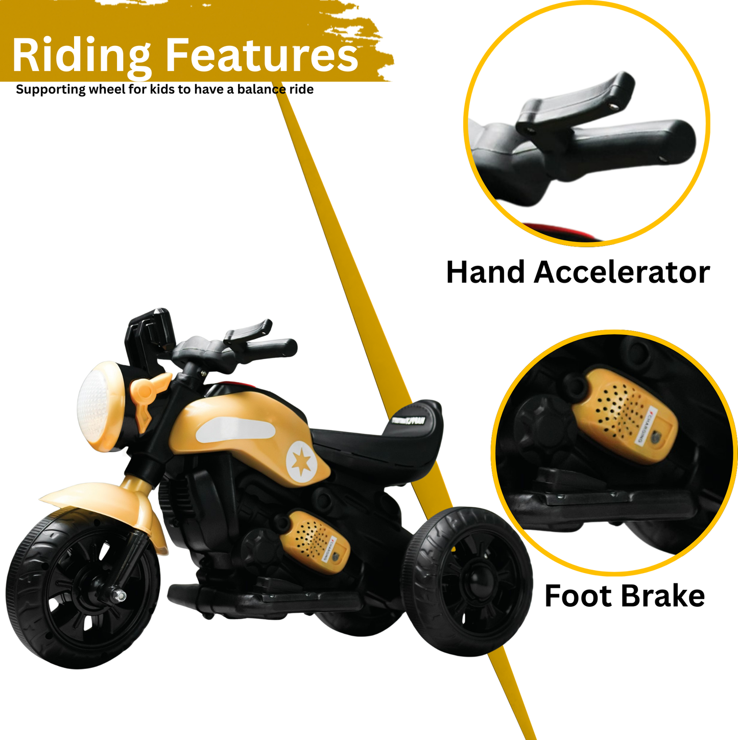 Keppz Yellow Battery Operated Ride-On Bike for Kids  With Headlight, Music & 3-Wheel Support. - Keppz