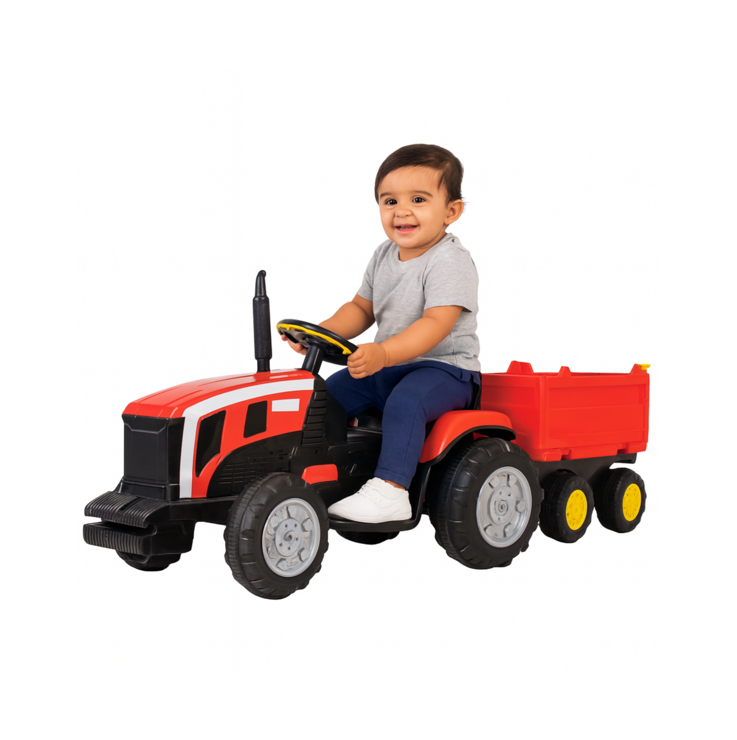 Keppz Kids Ride-On Tractor with Detachable Trailer, Steering Wheel, and Pedal Control.