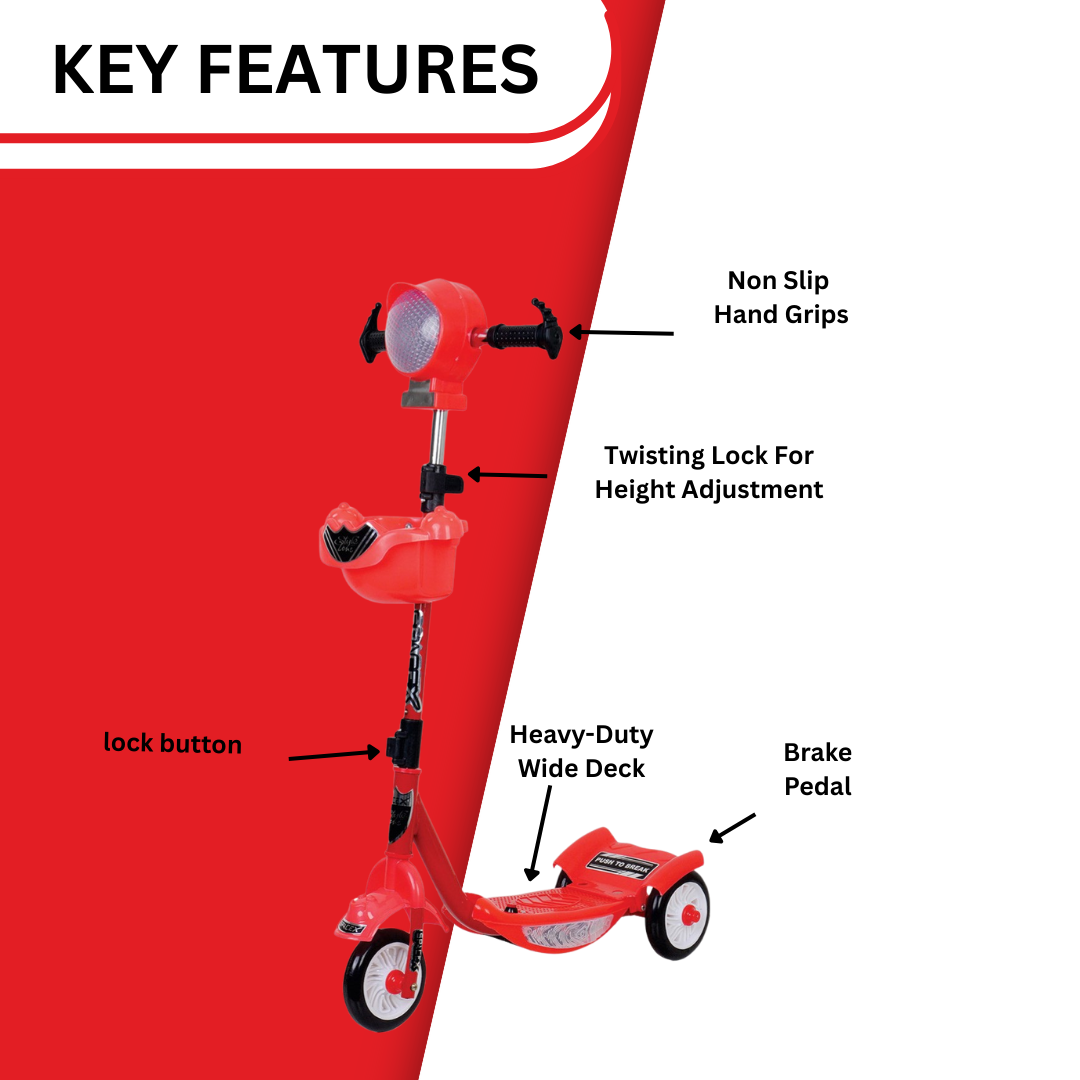 Keppz Red 3-Wheel Kids Scooter with Front Basket, LED Headlight & Adjustable Handle. - Keppz