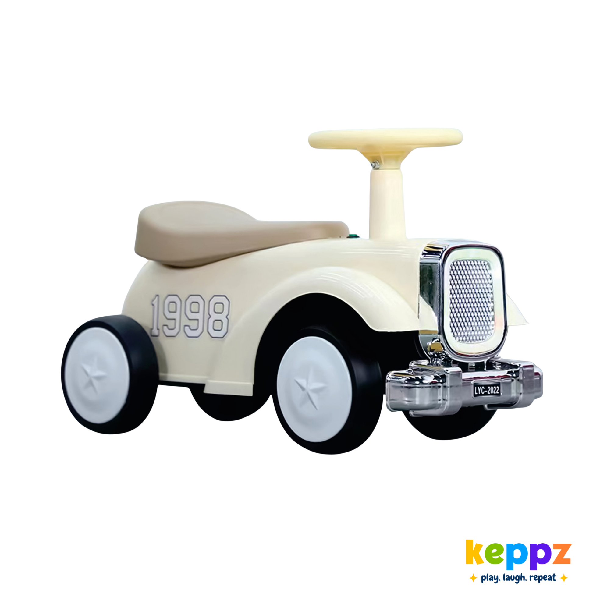 Keppz Vintage Ride-On Push Car for Kids  Classic Cream with Chrome Grille & Smooth Steering. - Keppz