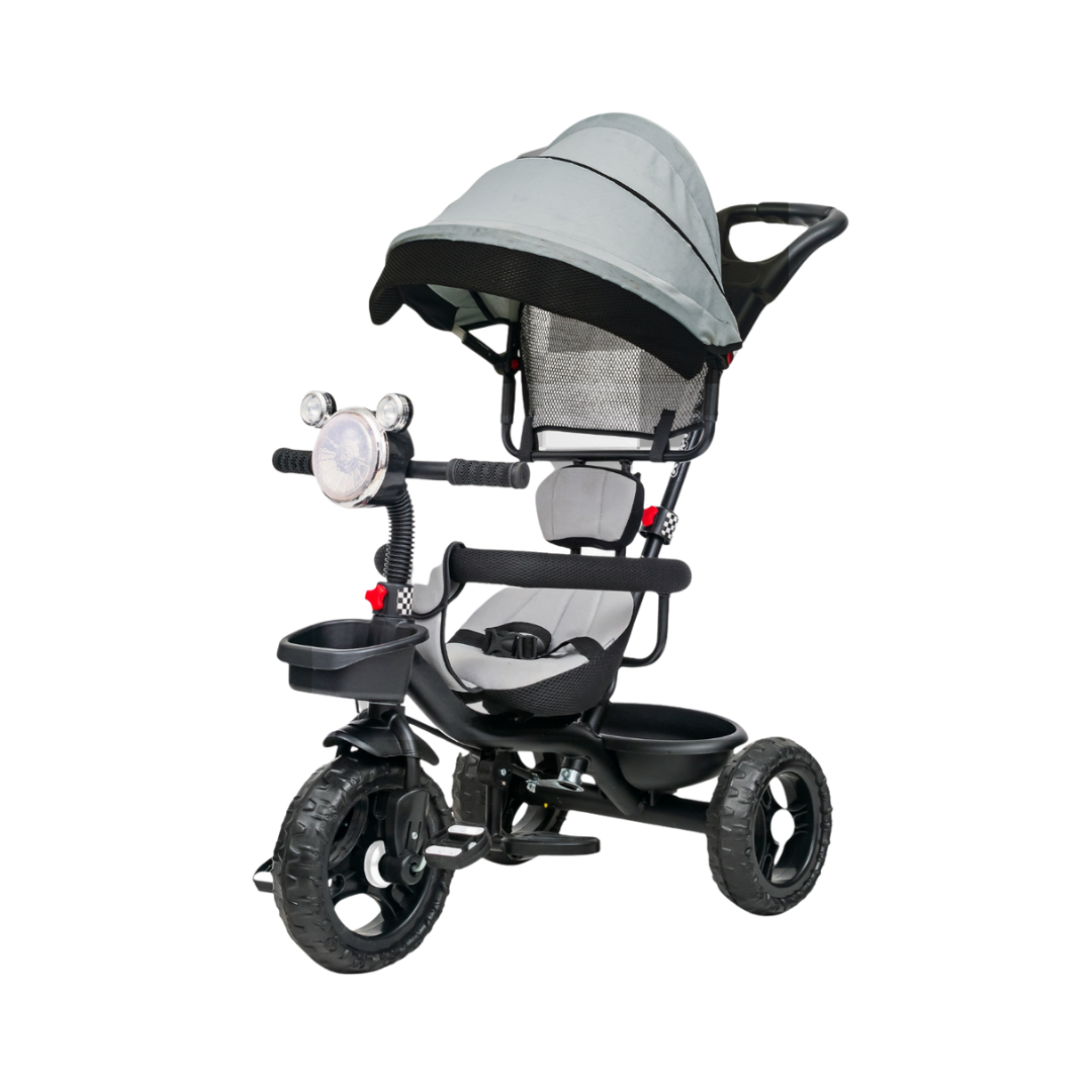 Keppz 4-in-1 Baby Tricycle with Headlight, Canopy, Safety Harness, and Push Handle.