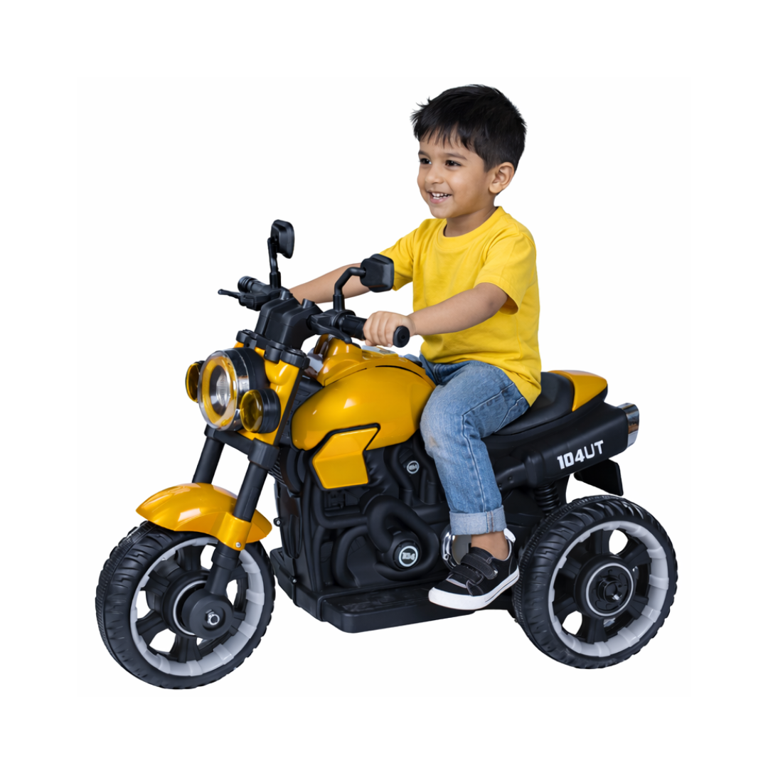 Keppz Modern EV Sport Bike for Kids with Bluetooth Music, Headlights, and Hand Accelerator.