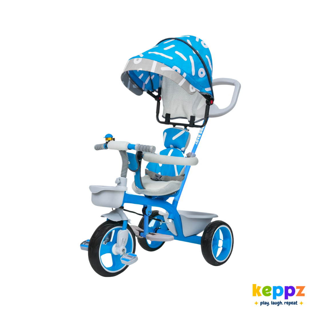 Keppz Stylish Kids Tricycle with Printed Canopy & Safety Belt  Baby Trike with Push Handle & Storage Basket for 1.5 Years. - Keppz