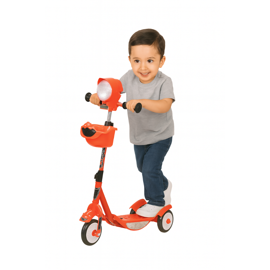 Keppz Red 3-Wheel Kids Scooter with Front Basket, LED Headlight & Adjustable Handle. - Keppz