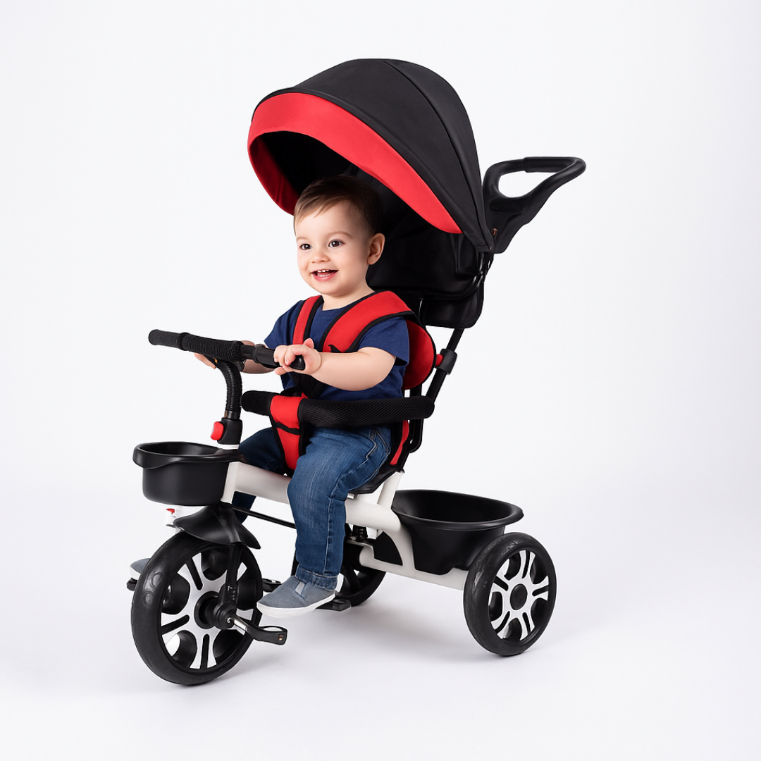 Keppz 3-in-1 Luxury Baby Trike with Canopy, Red & Black Tricycle - Keppz