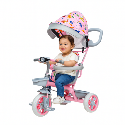 Keppz 4-in-1 Baby Tricycle with Canopy, Parental Handle, Storage Basket, and Safety Harness.