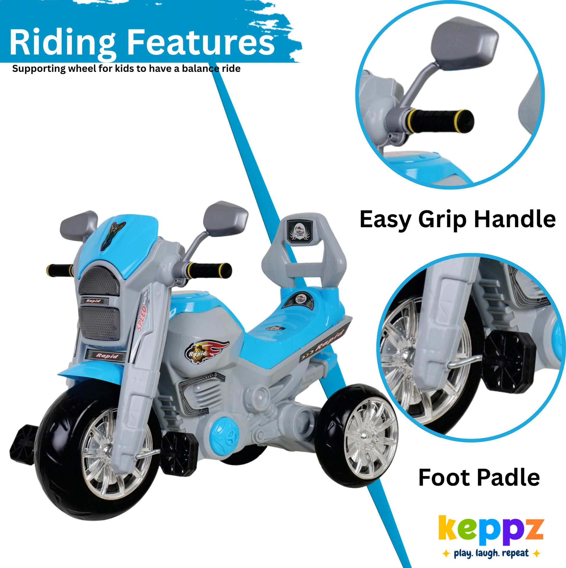 Keppz Rapid Ride-On Battery Operated 3-Wheel Bike for Kids Electric Motorcycle Toy with Lights & Music. - Keppz