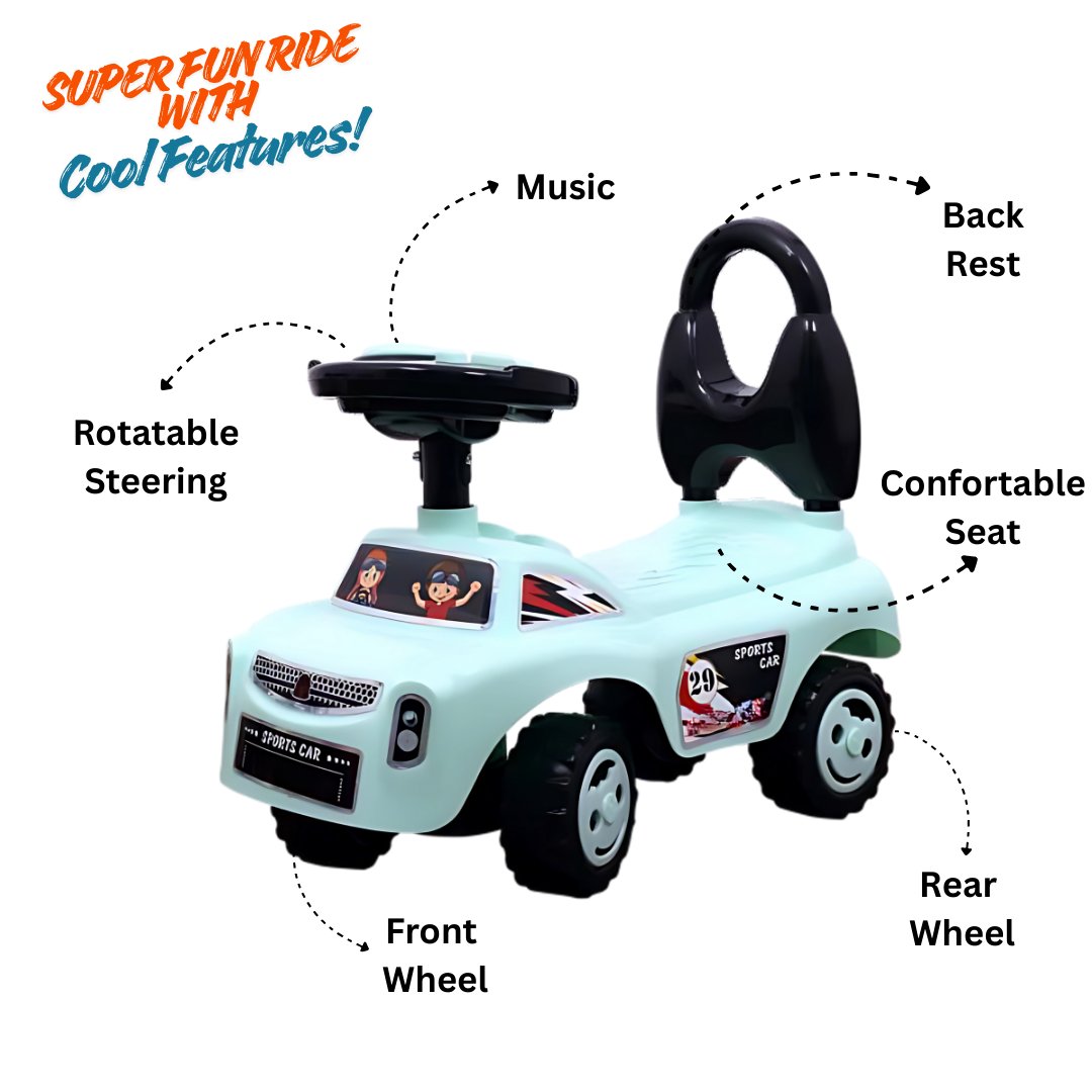 Keppz Musical Push Ride-On Sports Car for Kids  Mint Green & Black Foot-to-Floor Car with Steering Wheel & Backrest