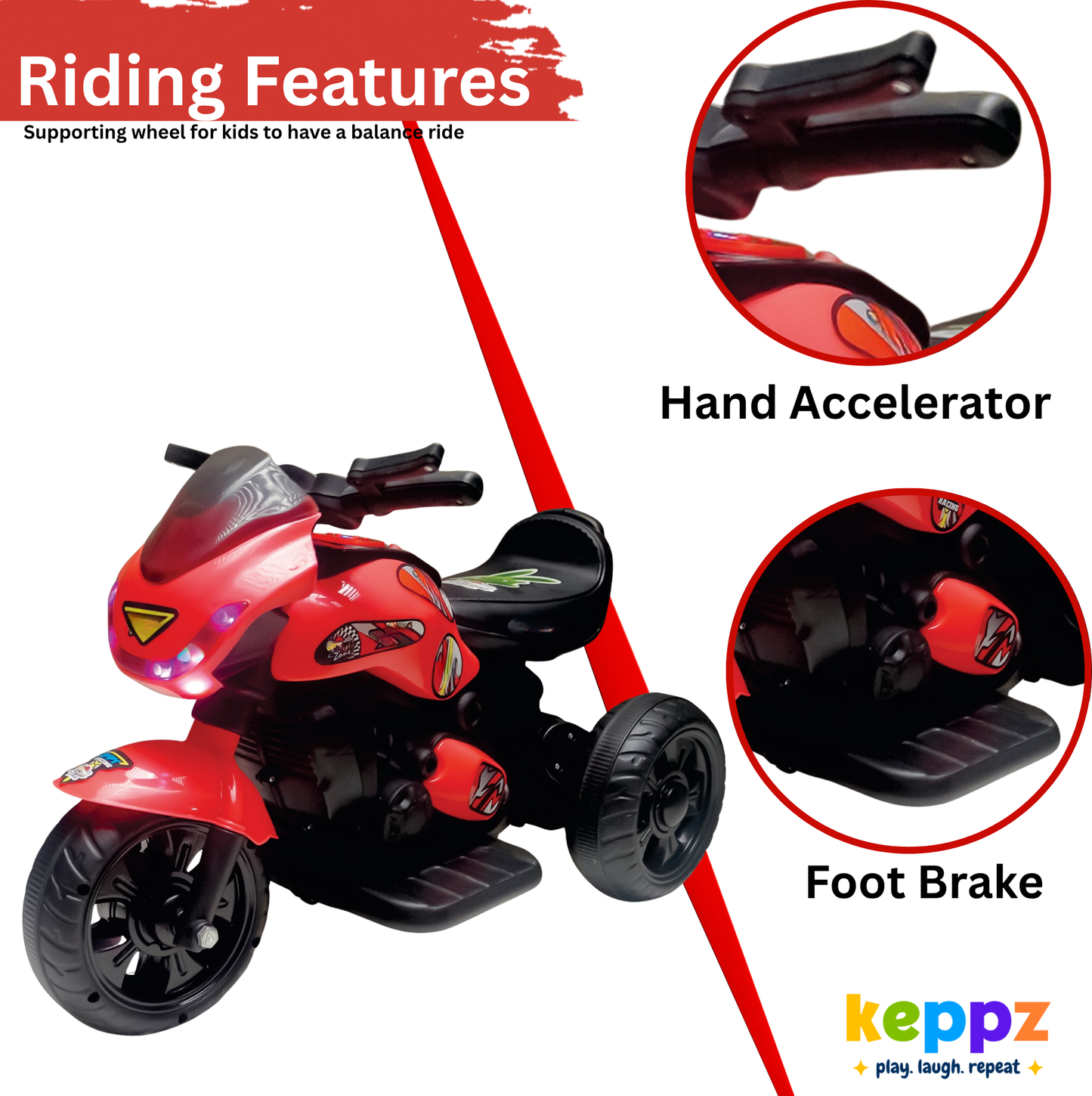 Keppz Electric Cartoon Ride-On Bike for Kids  Red with Music, Lights & Stickers. - Keppz