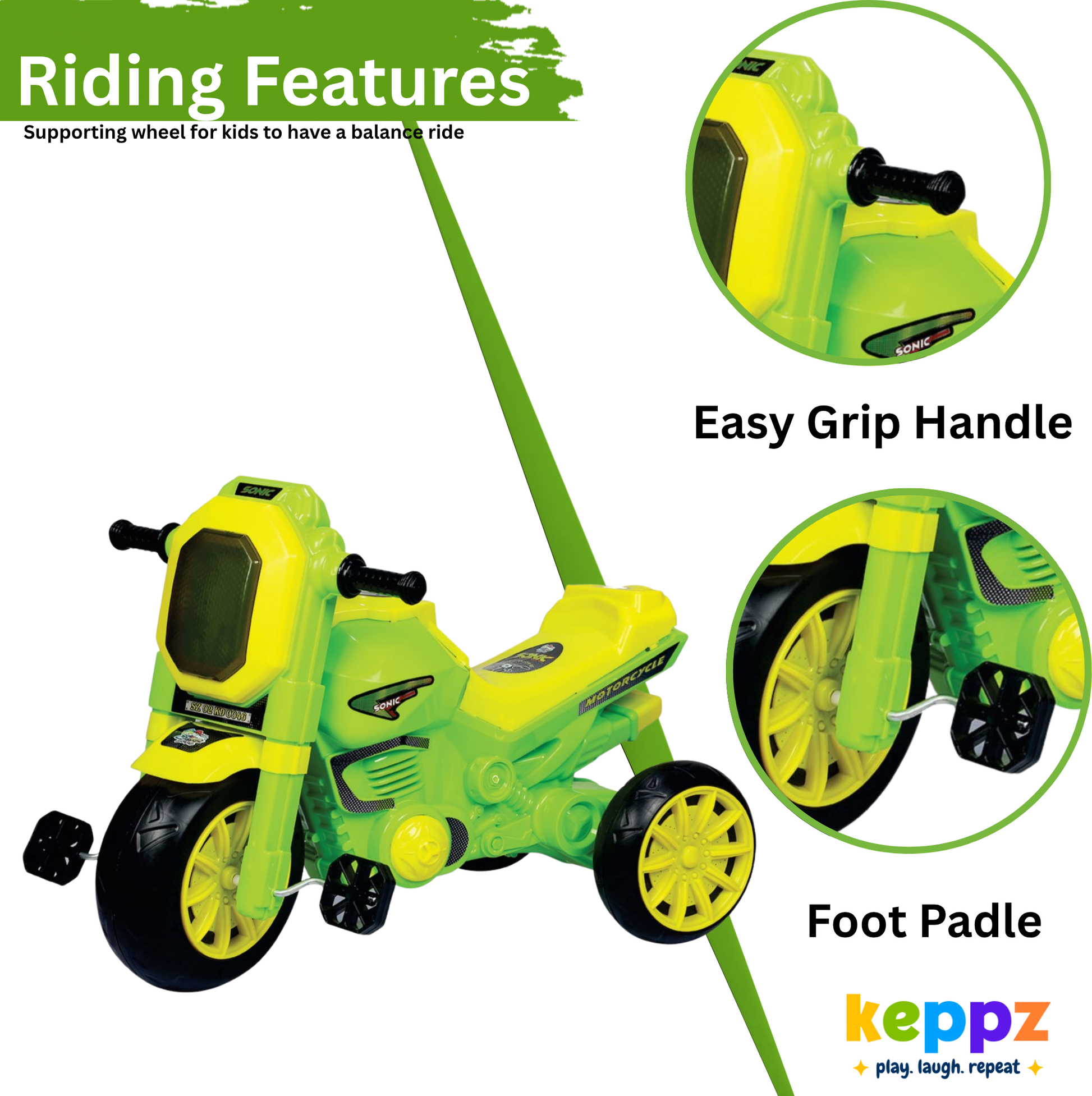 Keppz Sonic Style Ride-On Motorcycle Tricycle with Pedals for Kids. - Keppz