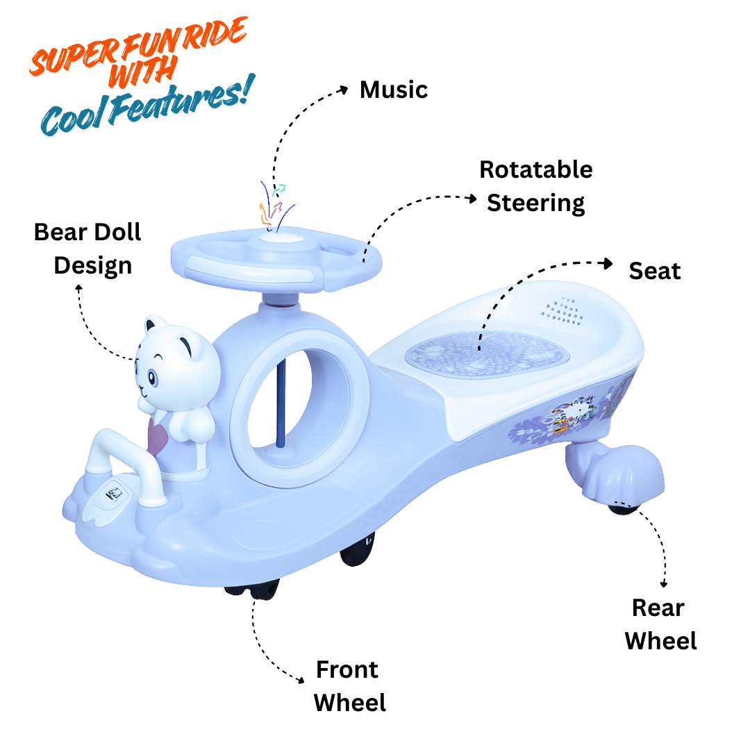 Keppz Musical Twist & Swing Car Ride-On for Kids Push and Pedal-Free Ride with Steering Wheel.